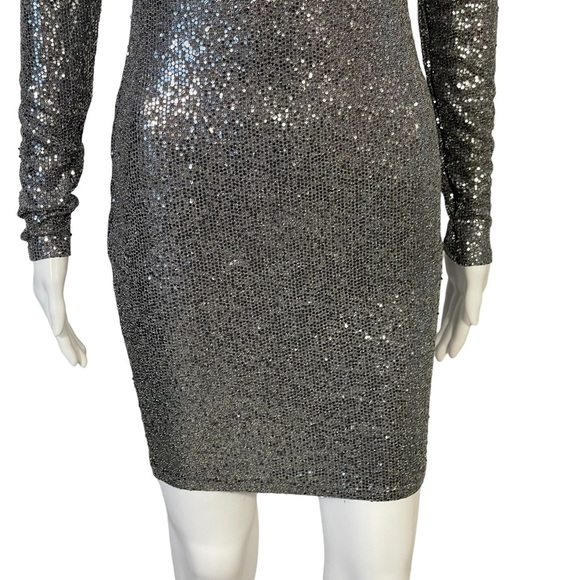 Guess Silver Gray Sequin Long Sleeve Body-con Stretch Cocktail Dress Sz S - Picture 4 of 10